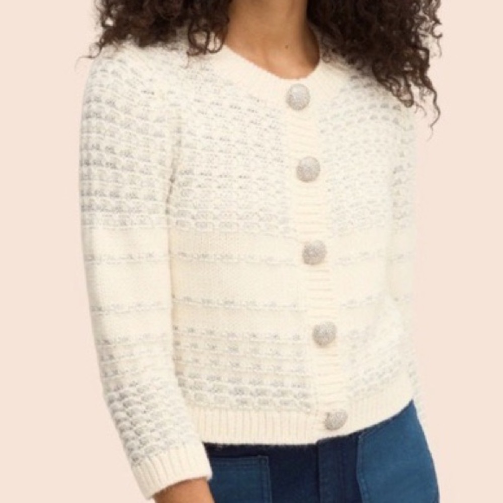 KATE SPADE NWOT Jewel Button Textured Cardigan in Cream Metallic Silver Print